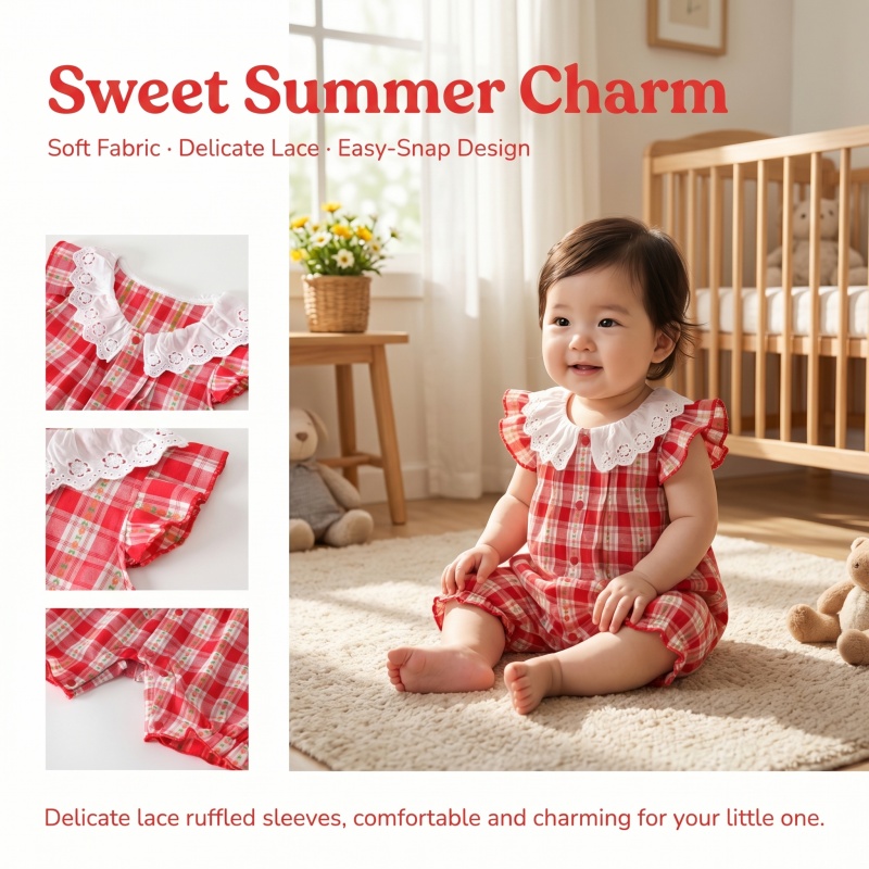 Newborn Baby Girl Romper Floral - Tutina Rossa a Quadri per Neonata